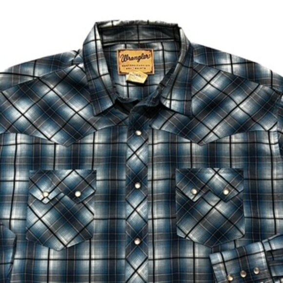Wrangler‎ Blue Plaid Long Sleeve Western Pearl Snap Mens Size XXL - Picture 3 of 11
